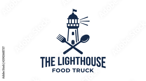 Lighthouse food truck logo concept with fork and spoon