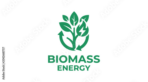 Green leaf with lightning bolt and recycling arrows, biomass energy concept