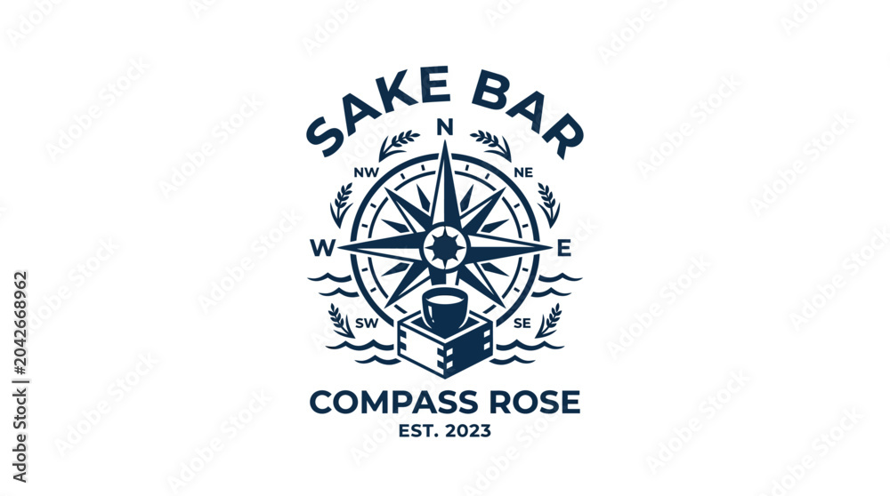 Fototapeta premium Sake bar logo with compass rose and sake cup, vintage style graphic element.