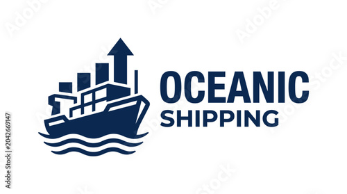 Принти на полотні Oceanic shipping logo with cargo ship and growth arrow on white background