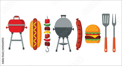 Schilderij op canvas bbq grill and food items vector illustration hotdog burger sausage