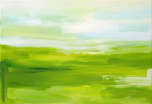 Broad Horizontal Brushstrokes Vertical Abstract Light White Blue To Deep Green Suggesting Field Landscape