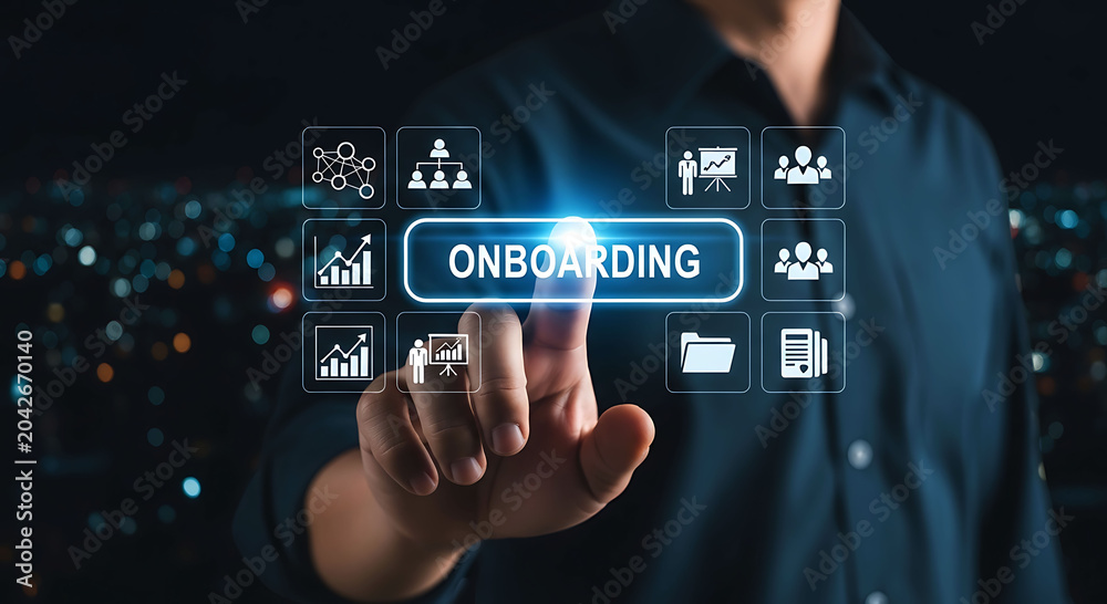 Fototapeta premium Business onboarding concept with person touching button on virtual screen