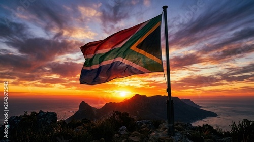 Vibrant South African flag waving on a flagpole at sunset over the dramatic mountain landscape and ocean of Cape Town with a colorful cloudy sky in the background.