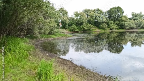 A gently sloping bank with grass of a shallow river with bushes and tall trees is reflected in the surface of the water on a cloudy summer day.