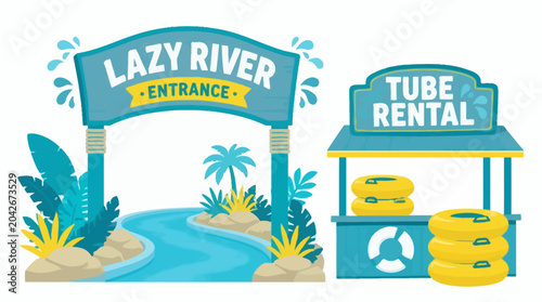 Cuadro en lienzo Cartoon lazy river entrance and tube rental stand with tropical plants and water