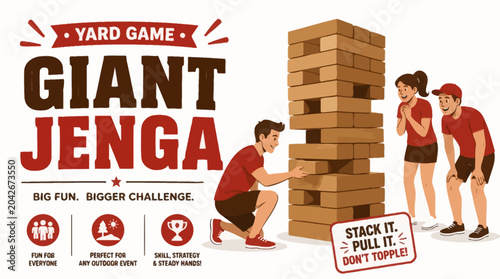 Giant Jenga yard game vector illustration with people playing, fun outdoor activity concept