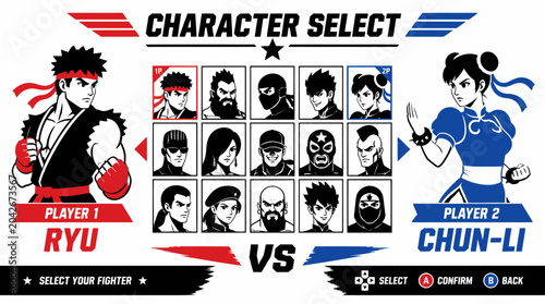 Tableau sur toile Retro fighting game character select screen with Ryu and Chun-Li, pixel art styl