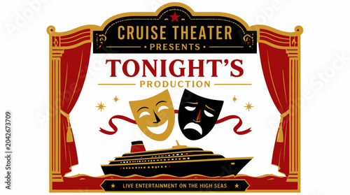 Obraz na płótnie Cruise ship theater production banner with masks, ship, and curtains