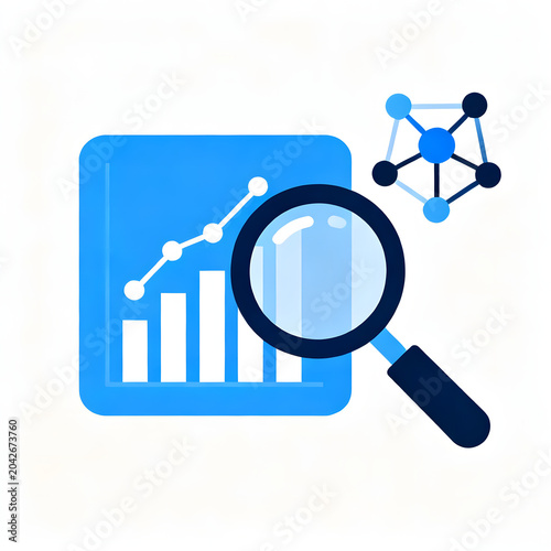 Data analysis and research concept with magnifying glass over growth charts and network icon.