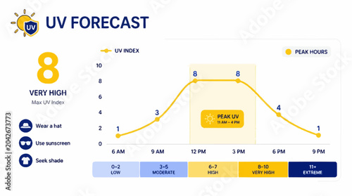 UV forecast chart showing very high index with peak hours and sun protection tips