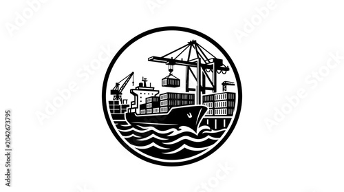 Ship in harbor with cargo cranes.