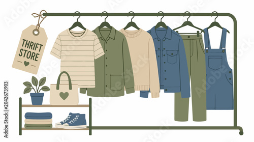 Vector illustration of thrift store clothing rack with apparel and accessories