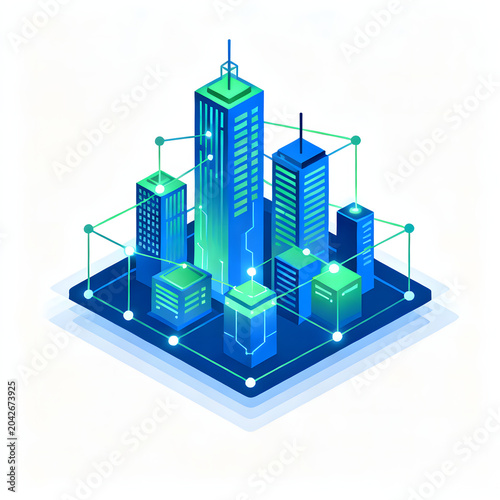 Isometric illustration of a futuristic smart city with interconnected buildings representing a digital network and advanced urban infrastructure.