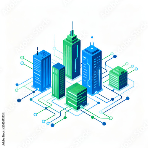 Isometric illustration of a smart city with interconnected buildings and a digital network infrastructure.