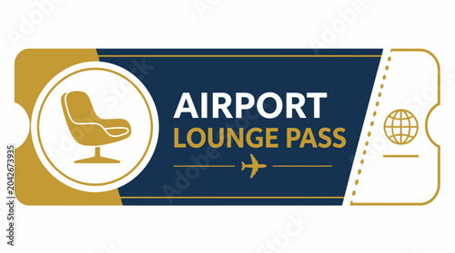 Airport lounge pass graphic element with chair and airplane icon, dark blue and gold.