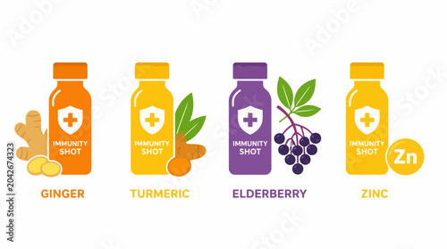 Foto Immunity shot collection with ginger, turmeric, elderberry, and zinc on white