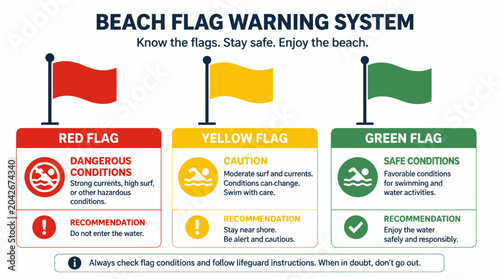 Beach safety flag warning system illustration with red, yellow, and green flags explaining conditions and recommendations.