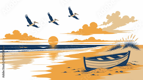 Vector beach scene with pelicans flying over the ocean at sunset, a boat on the sand.