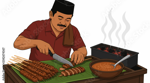 Obraz na płótnie Street food vendor preparing grilled satay with peanut sauce, flat illustration