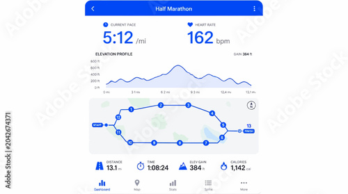 Running app interface showing half marathon progress with pace, heart rate, and map route