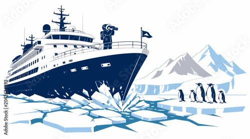 Expedition cruise ship navigates icy polar waters with penguins nearby, graphic illustration.