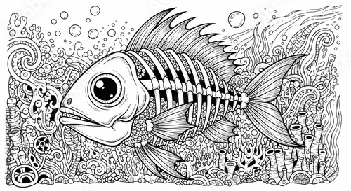 Fotografie Whimsical Fish Skeleton Illustration - Underwater Scene with Coral and Bubbles