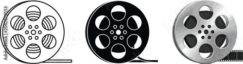 Obraz na plátně Collection of film reel icons including line art silhouette and realistic metall