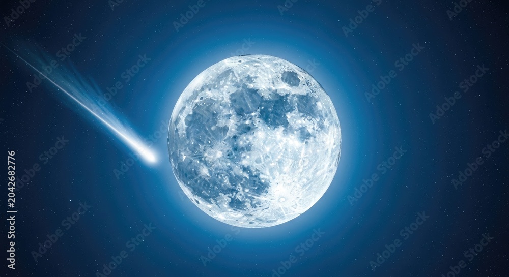 Obraz premium Bright blue moon with a comet passing by in the dark space