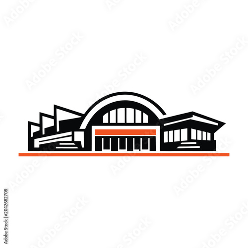 Fotografía Modern Convention Center building silhouette with arched roof and orange accents