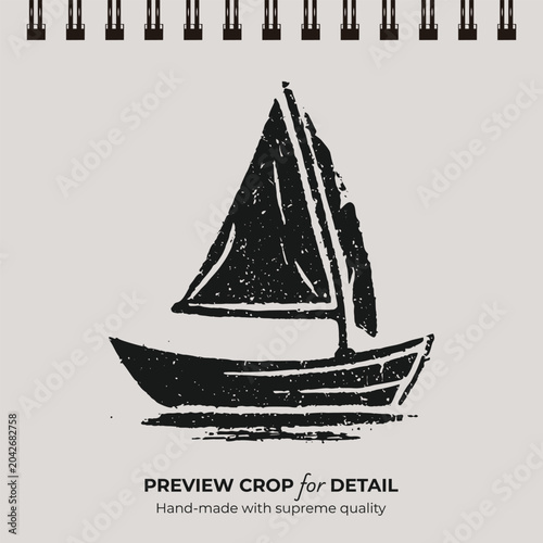 Billede på lærred Hand drawn black sailboat icon in vintage linocut block print style on neutral b