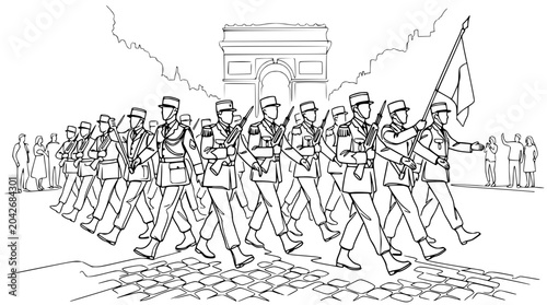 Fotografía Military Parade Marching Soldiers with Flag and Arc de Triomphe in Paris