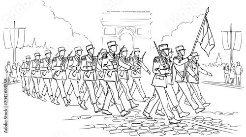 Cuadro en lienzo French Soldiers Marching with Flag at Arc de Triomphe, Paris - Line Art Illustra