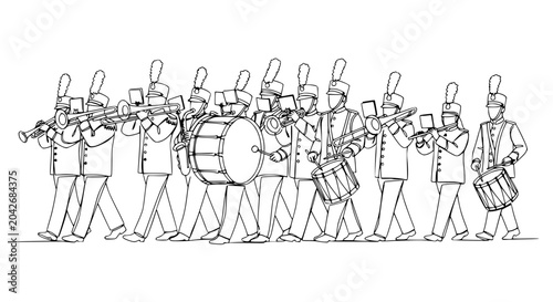 Foto Marching Band Performance: Musicians in Uniform Playing Instruments, Line Drawin