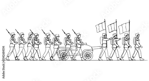 Photos Military Parade Formation: Soldiers Marching with Rifles and Flags, Line Drawing