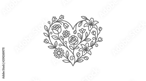 Heart shape made of blooming flowers line art illustration