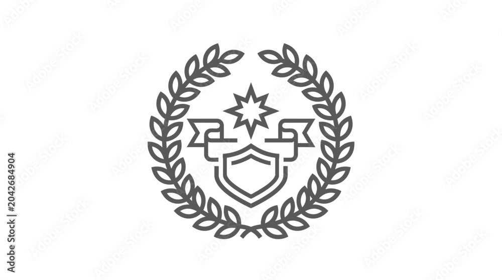 Fototapeta premium Heraldic shield with laurel wreath and star line icon.