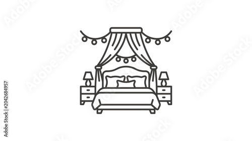 Εκτύπωση καμβά Canopy bed with fairy lights line art icon.
