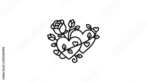 Tableau sur toile Two hearts with roses and leaves line art icon
