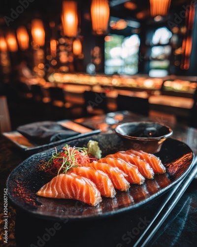 Elegant salmon sashimi platter in luxurious Japanese restaurant