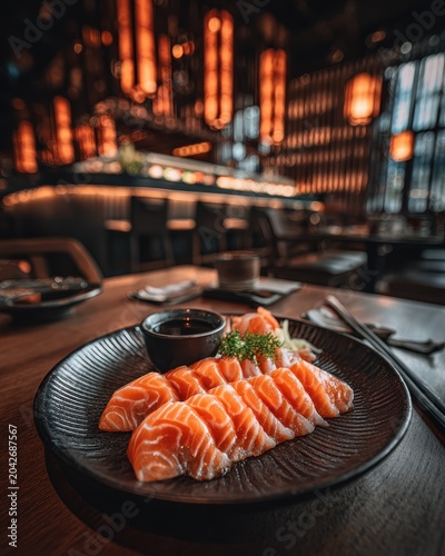 Elegant salmon sashimi platter in luxurious Japanese restaurant
