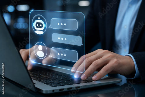 AI chatbot interface above laptop keyboard, conversational artificial intelligence, virtual assistant, customer support automation, business communication, generative AI technology digital interaction