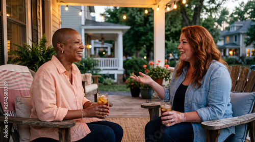 Diverse female friends enjoying drinks and conversation on a suburban front porch at sunset