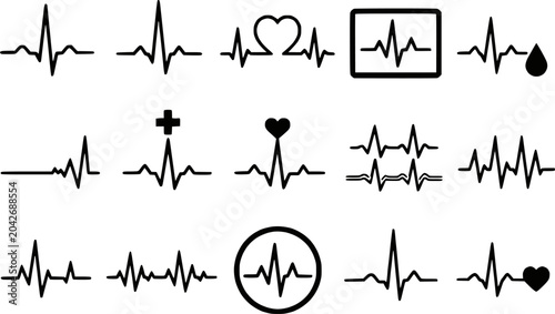 ECG heartbeat pulse cardiogram line silhouettes vector icon set isolated