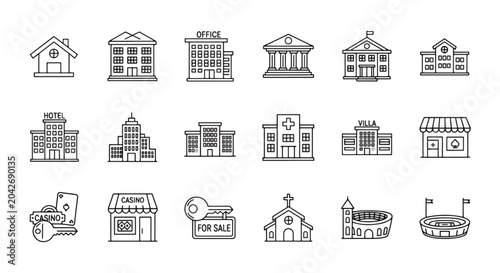 Collection of Hand-Drawn Building Icons Representing Various Structures.