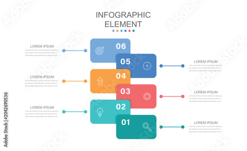 Modern Geometric Infographic Template. Design can be use for presentation.  6 steps timeline with options and marketing icons. Vector
