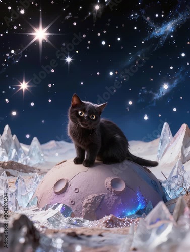 A black cat living on a mysterious planet　不思議な惑星に住む黒猫