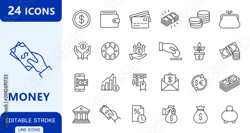 Money and Finance Line Icons Set. Banking, Wallet, Savings and Investment Outline Vector Collection, Money icon set, money, finance, wallet, savings, investment