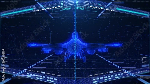 3D Blue Fighter Jet HUD Interface Motion Graphics, Futuristic Military Aircraft Wireframe Rotating with Tactical Data Metrics, Radar Scanning, and Weapon Tracking Dashboard Elements. 4K Seamless Loop