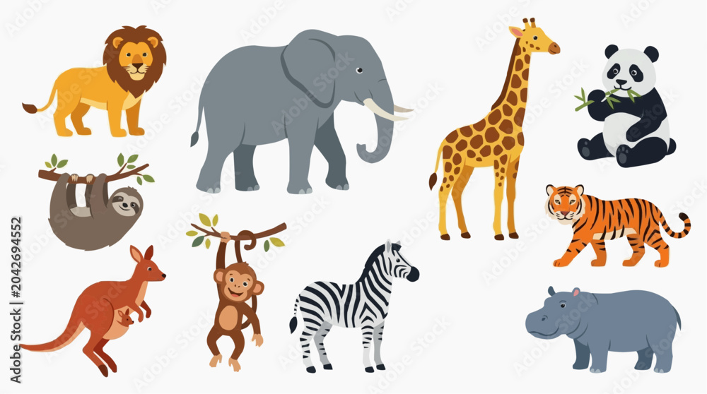 Obraz premium Collection of Cute Cartoon Zoo Animals Including Lion Elephant Giraffe Panda Tiger